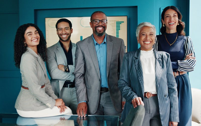 Portrait, group and business people in office, investment and diversity with confidence, finance advisor and smile. Face, accounting and employees in workplace, partnership and support with pride.